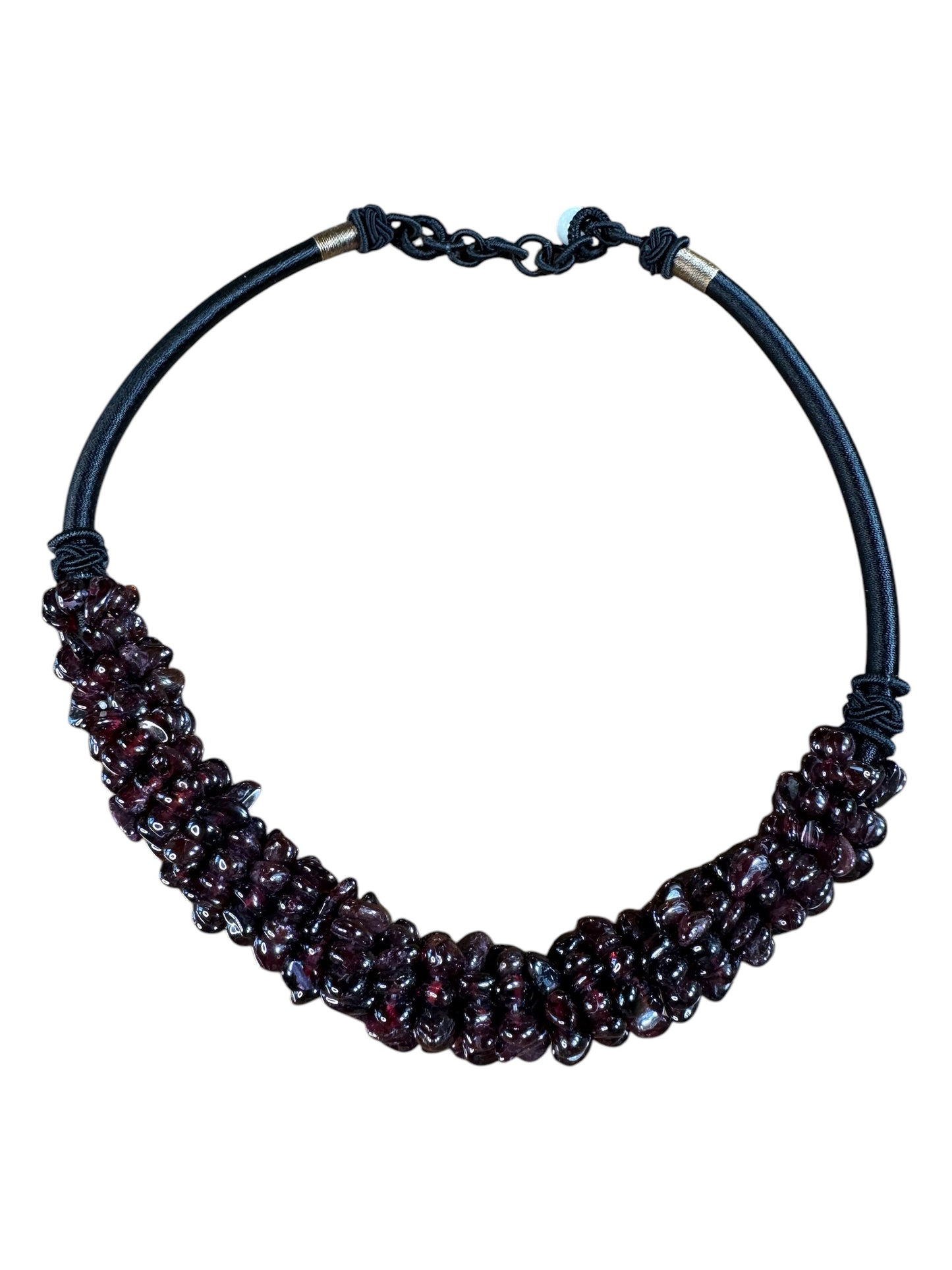 Natural Garnet Cabochon Choker Necklace with Silk Cord & Jadeite Bead Closure – 18” Adjustable