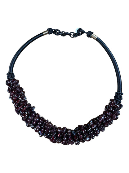 Natural Garnet Cabochon Choker Necklace with Silk Cord & Jadeite Bead Closure – 18” Adjustable