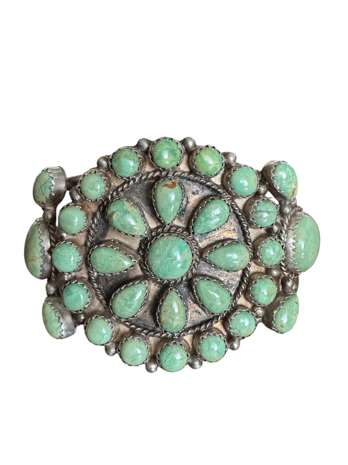 Vintage Running Bear Navajo sterling silver Royston turquoise cluster cuff bracelet – handcrafted Native American jewelry, 35.91g