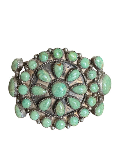 Vintage Running Bear Navajo sterling silver Royston turquoise cluster cuff bracelet – handcrafted Native American jewelry, 35.91g