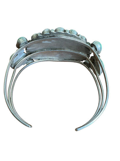 Vintage Running Bear Navajo sterling silver Royston turquoise cluster cuff bracelet – handcrafted Native American jewelry, 35.91g