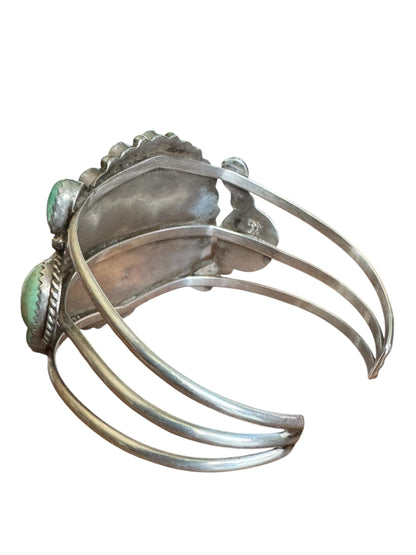 Vintage Running Bear Navajo sterling silver Royston turquoise cluster cuff bracelet – handcrafted Native American jewelry, 35.91g
