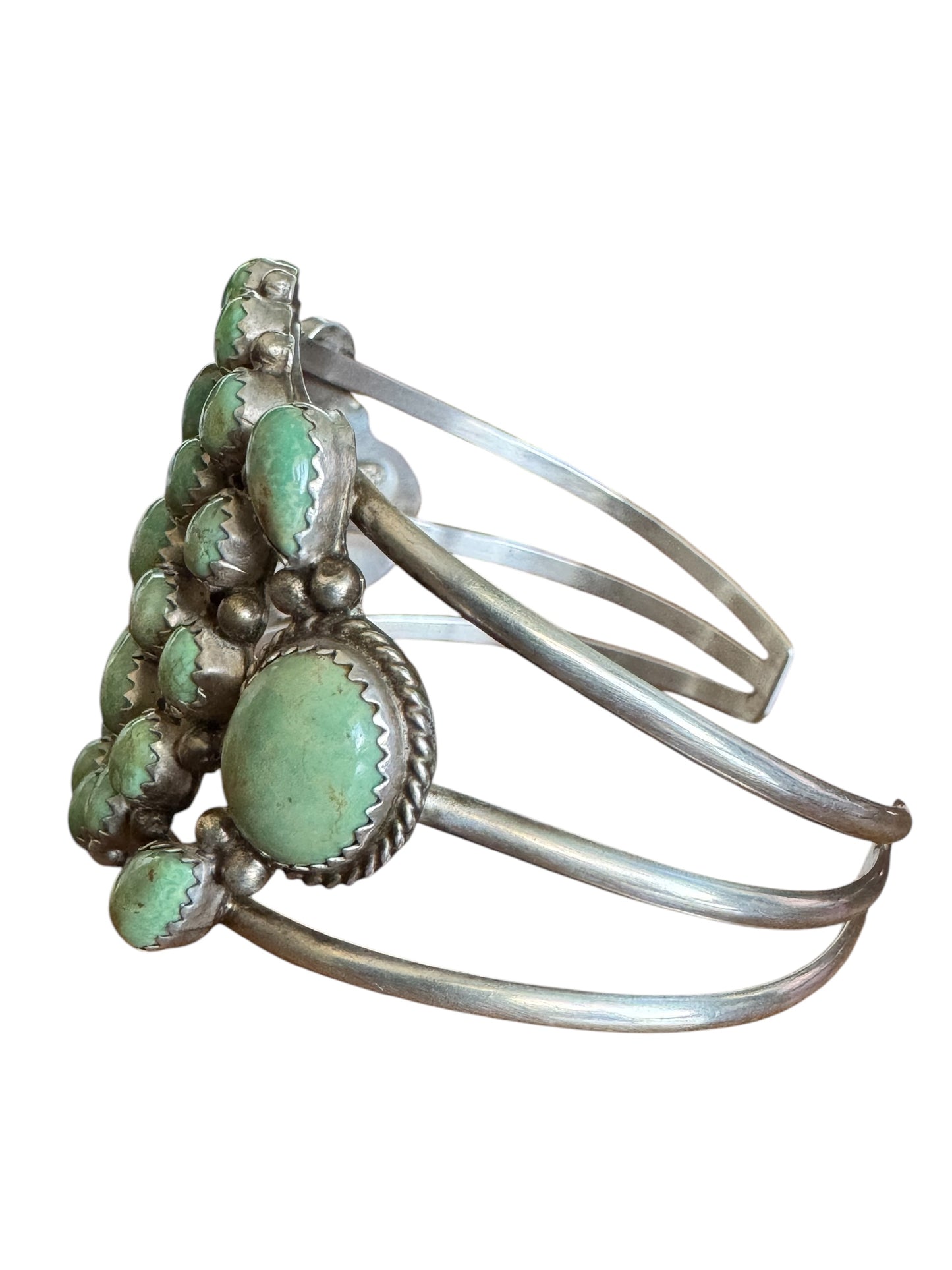 Vintage Running Bear Navajo sterling silver Royston turquoise cluster cuff bracelet – handcrafted Native American jewelry, 35.91g