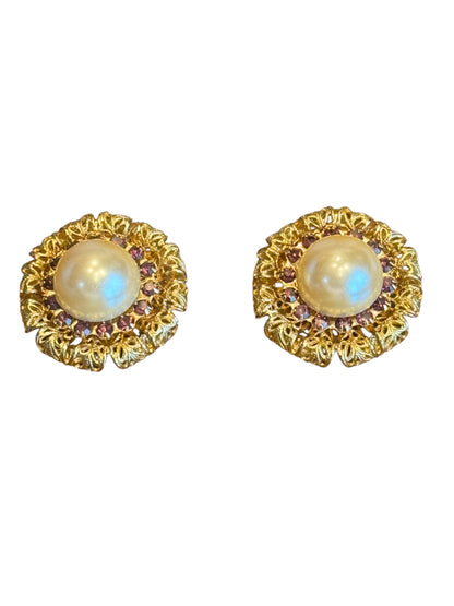 Vintage Gold Filigree Clip-On Earrings – Faux Pearl & Purple Crystal Accents