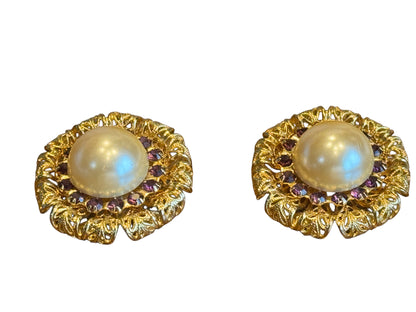 Vintage Gold Filigree Clip-On Earrings – Faux Pearl & Purple Crystal Accents