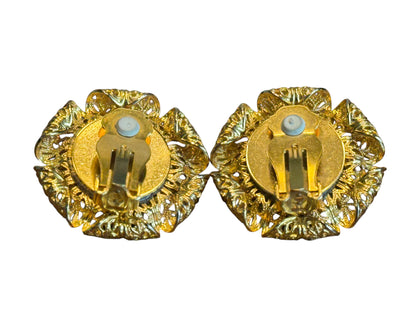 Vintage Gold Filigree Clip-On Earrings – Faux Pearl & Purple Crystal Accents