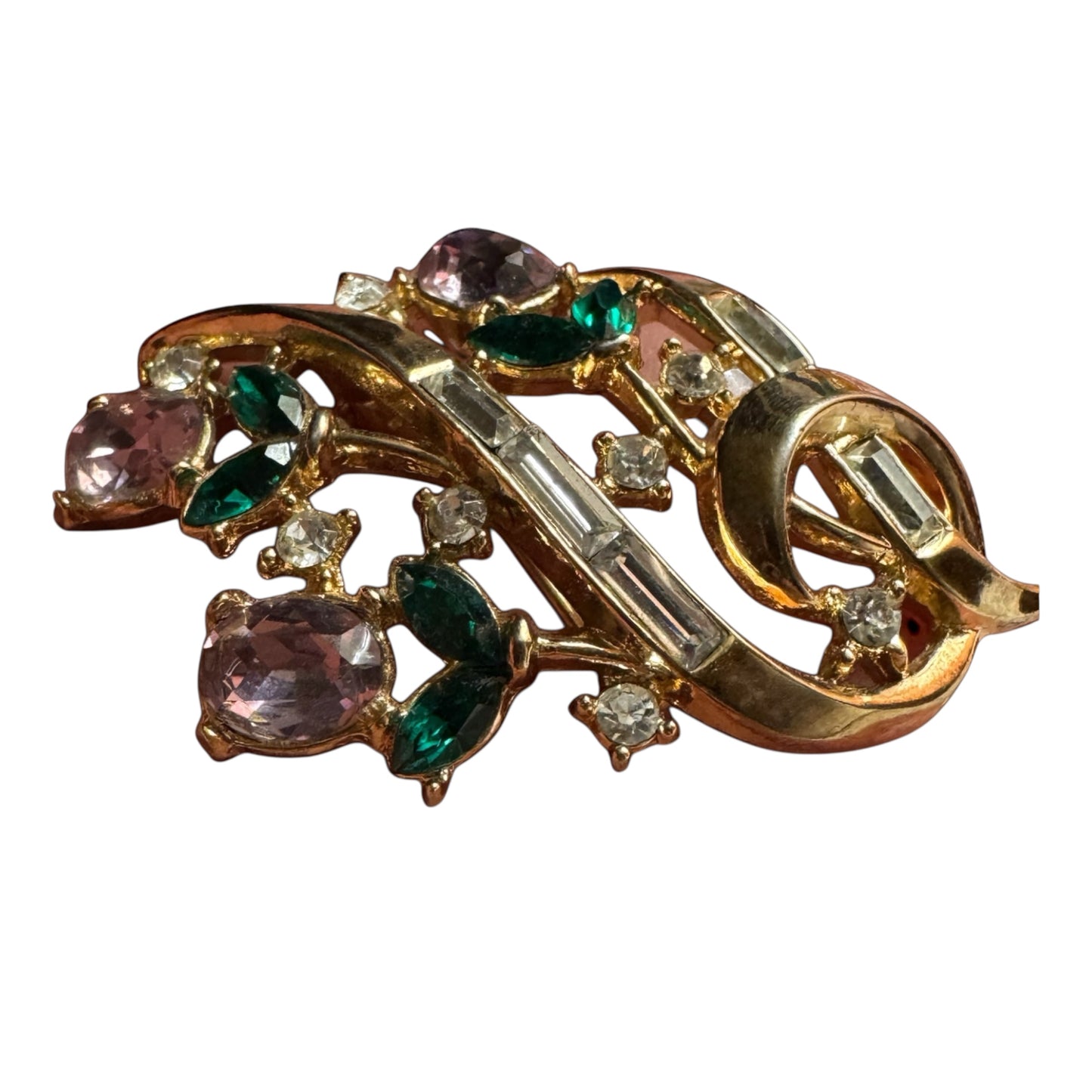 Rare 1950s Trifari Alfred Philippe Flower Bouquet Brooch – Pat. Pending Gold-Tone with Lavender, Green & Clear Rhinestones
