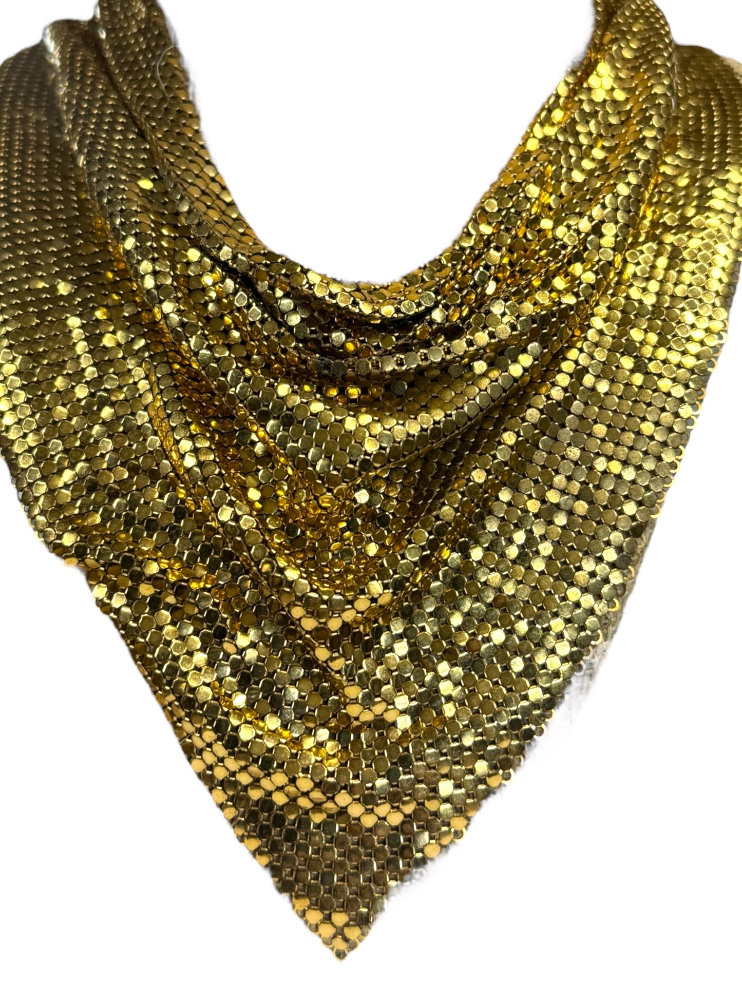 Vintage Whiting & Davis Gold Mesh Bib Necklace – 1970s Couture Statement Collar, Signed