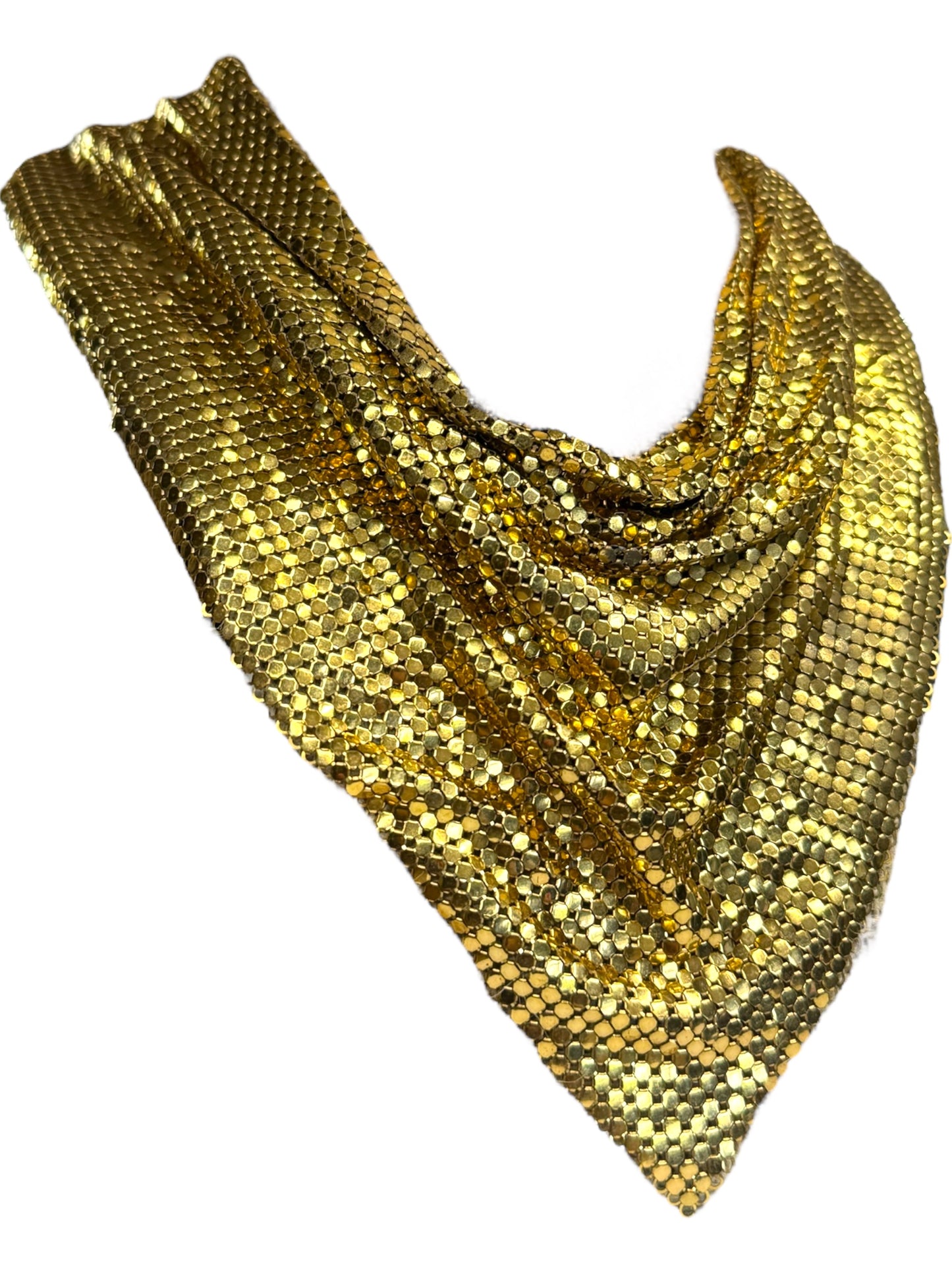 Vintage Whiting & Davis Gold Mesh Bib Necklace – 1970s Couture Statement Collar, Signed