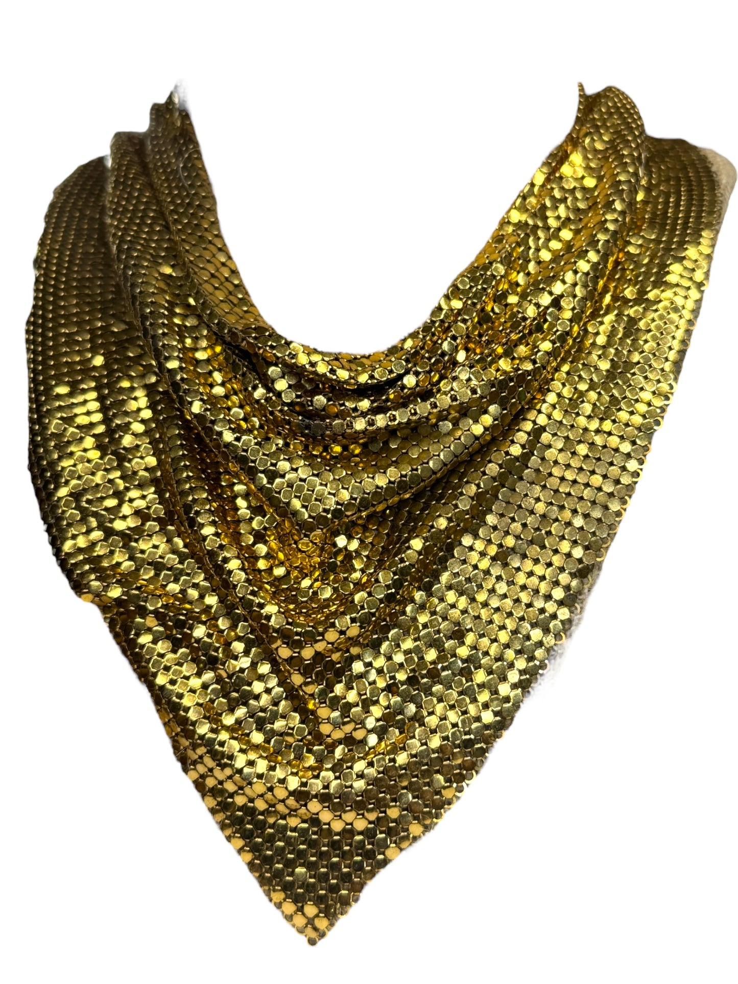 Vintage Whiting & Davis Gold Mesh Bib Necklace – 1970s Couture Statement Collar, Signed