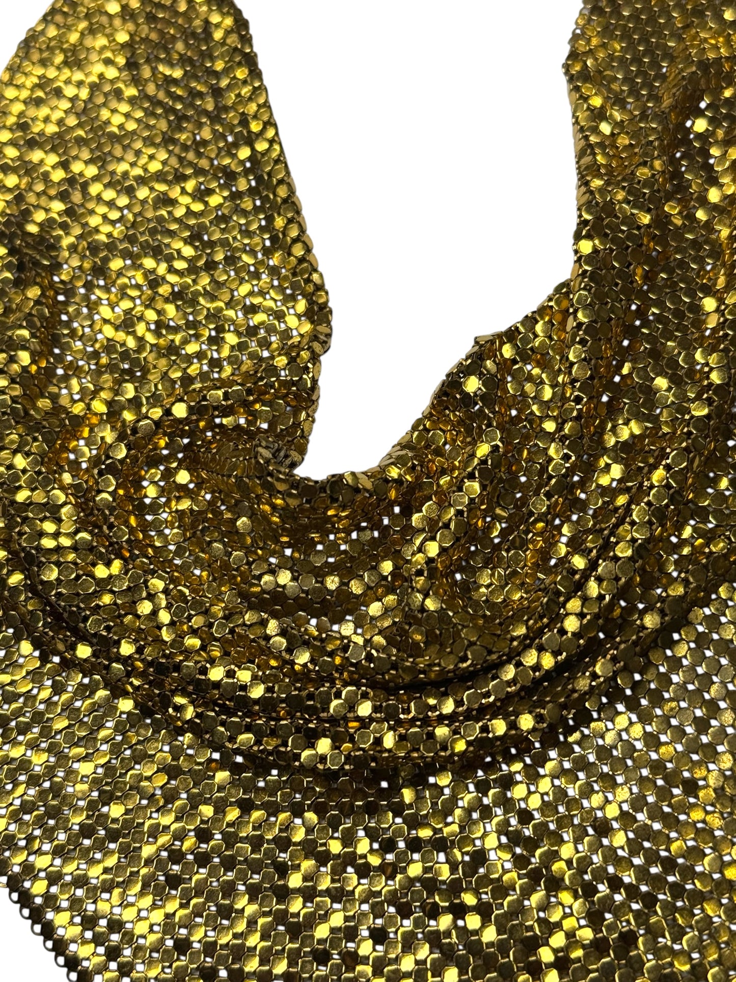 Vintage Whiting & Davis Gold Mesh Bib Necklace – 1970s Couture Statement Collar, Signed