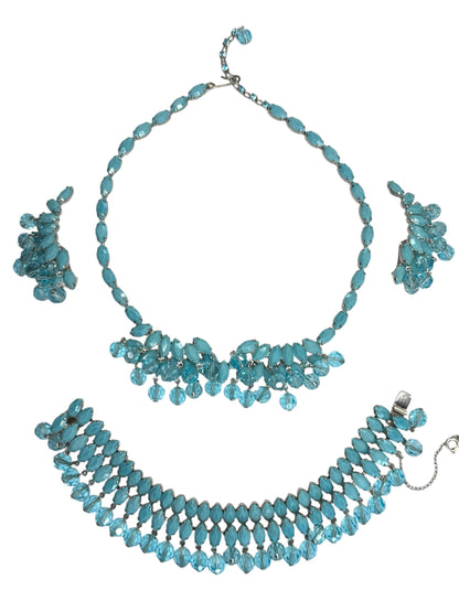 Vintage 1950s Signed Weiss Aqua Opaline Rhinestone Parure – Necklace, Bracelet & Earrings Set