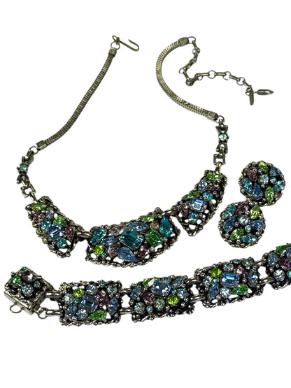 Vintage Signed Barclay Uranium Rhinestone Parure – Hollywood Regency Necklace, Bracelet & Earrings Set