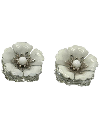 Vintage 1960s Sarah Coventry White Enamel 3D Flower Brooch & Clip-On Earrings Set – Signed