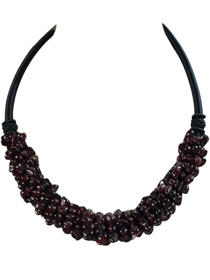 Natural Garnet Cabochon Choker Necklace with Silk Cord & Jadeite Bead Closure – 18” Adjustable