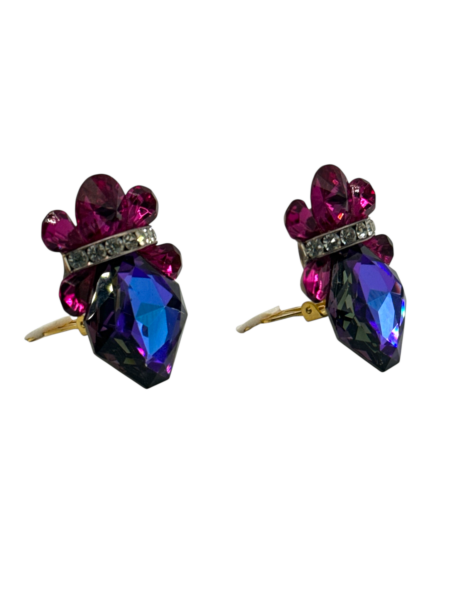 Wendy Gell “Nelly” 1980s Statement Clip-On Earrings – Swarovski Crystal, Signed Vintage