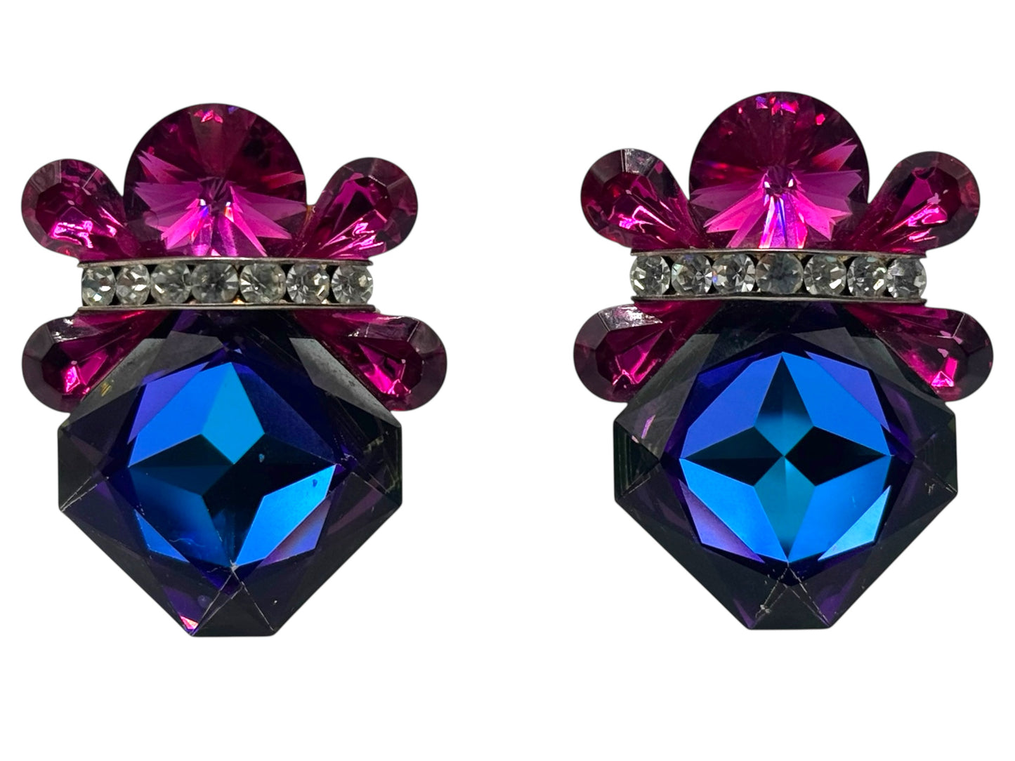 Wendy Gell “Nelly” 1980s Statement Clip-On Earrings – Swarovski Crystal, Signed Vintage
