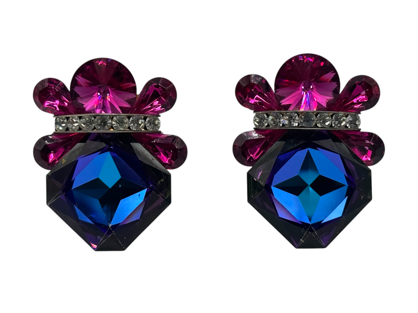 Wendy Gell “Nelly” 1980s Statement Clip-On Earrings – Swarovski Crystal, Signed Vintage