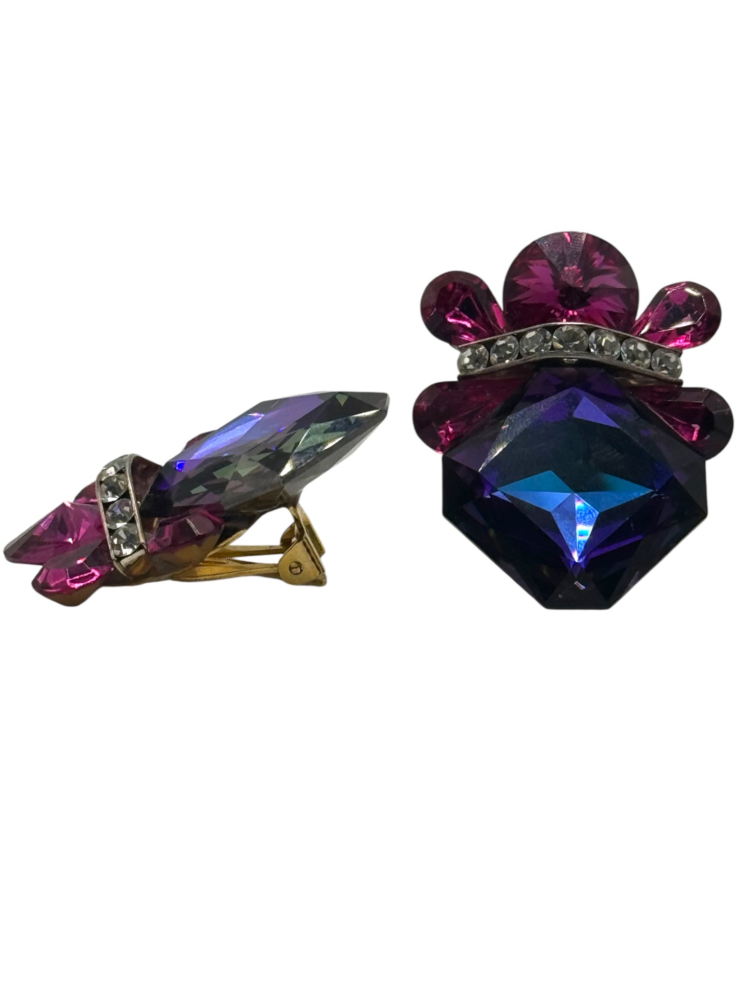 Wendy Gell “Nelly” 1980s Statement Clip-On Earrings – Swarovski Crystal, Signed Vintage