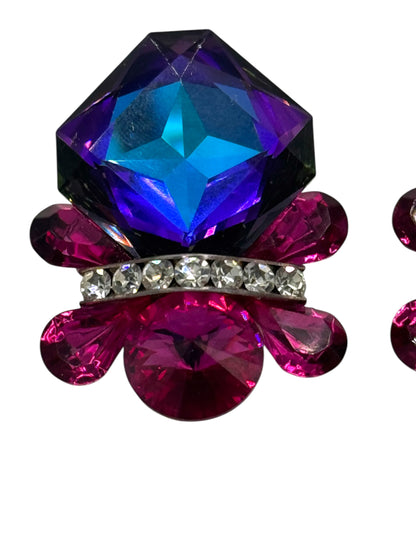 Wendy Gell “Nelly” 1980s Statement Clip-On Earrings – Swarovski Crystal, Signed Vintage