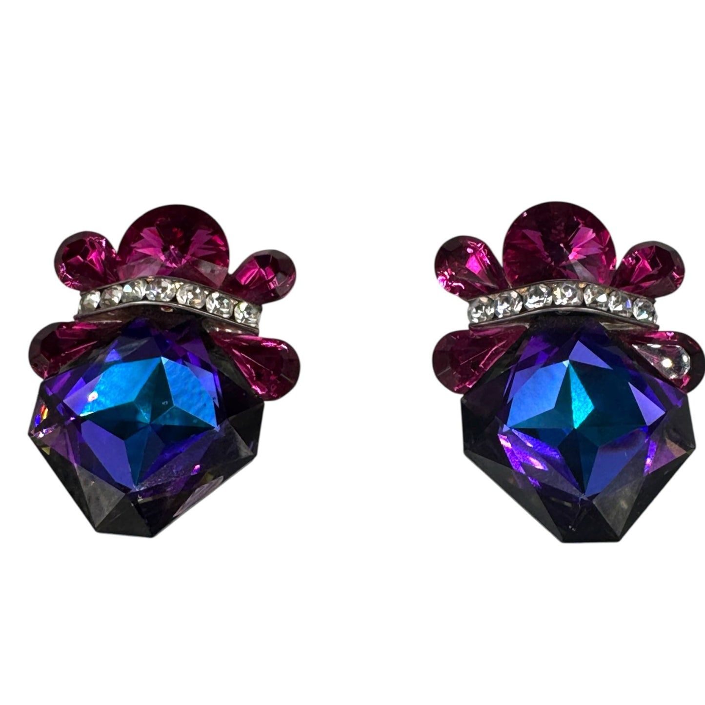 Wendy Gell “Nelly” 1980s Statement Clip-On Earrings – Swarovski Crystal, Signed Vintage