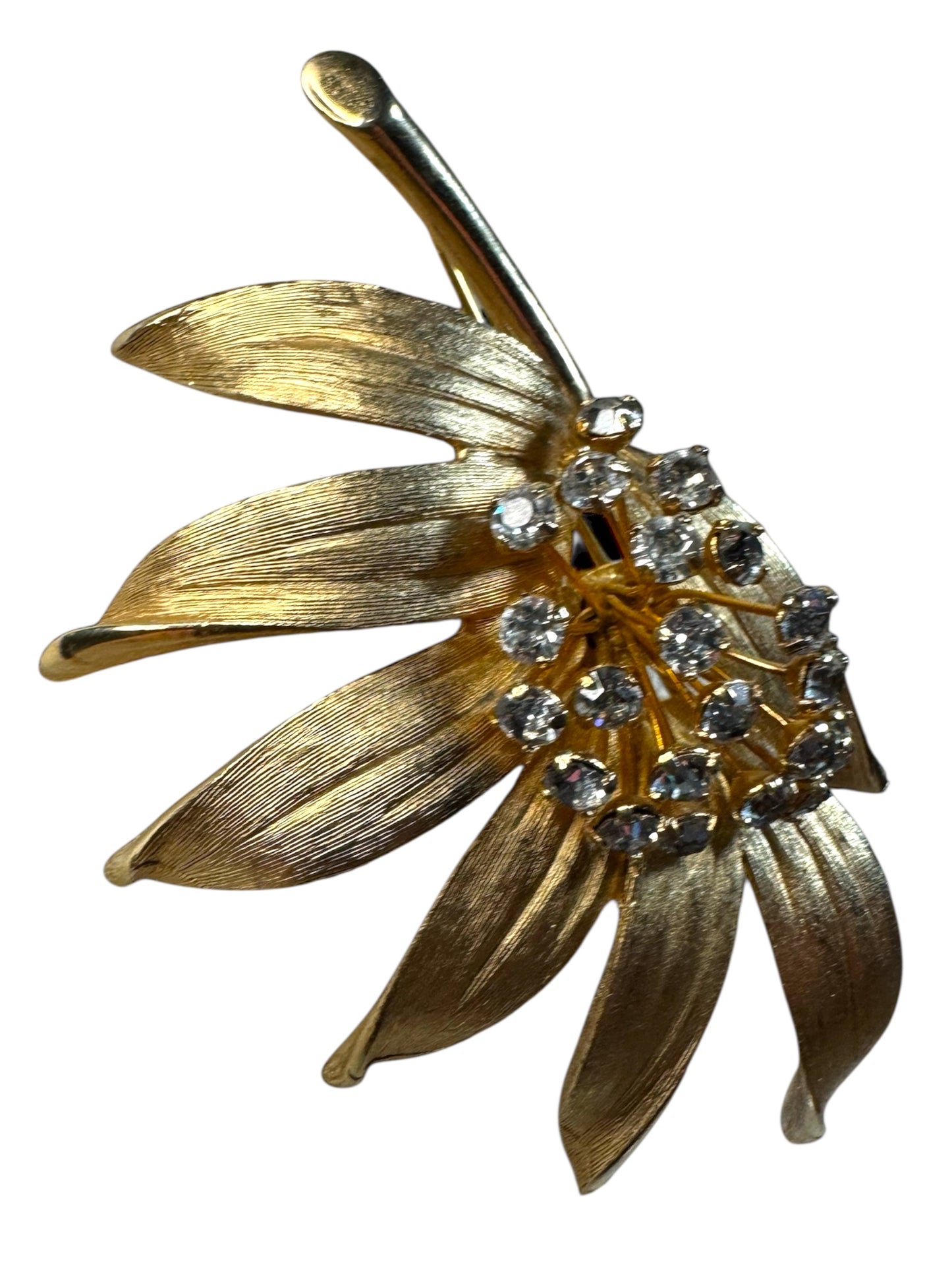 Vintage 1970s Crystal Rhinestone Flower Brooch – Gold-Bonded Statement Pin (Unsigned)