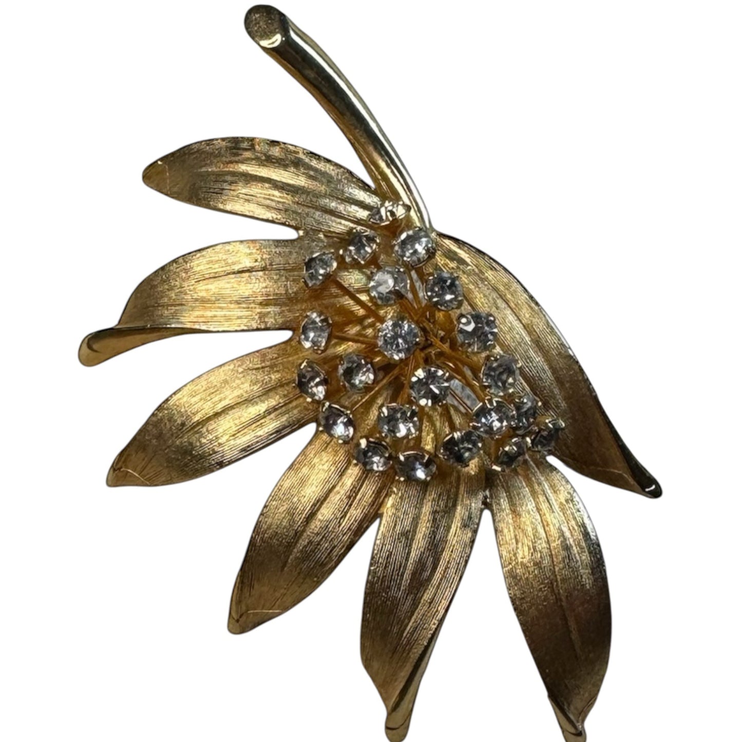 Vintage 1970s Crystal Rhinestone Flower Brooch – Gold-Bonded Statement Pin (Unsigned)