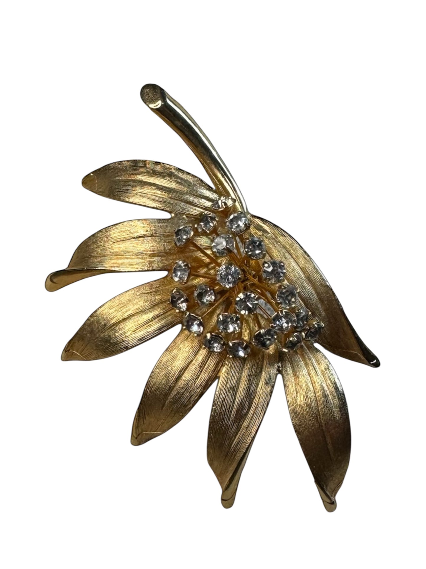 Vintage 1970s Crystal Rhinestone Flower Brooch – Gold-Bonded Statement Pin (Unsigned)