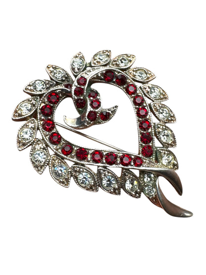 Vintage Heart Brooch Pendant – Ruby Red & Diamanté Rhinestones, Alfred Philippe Style (Unsigned Trifari)