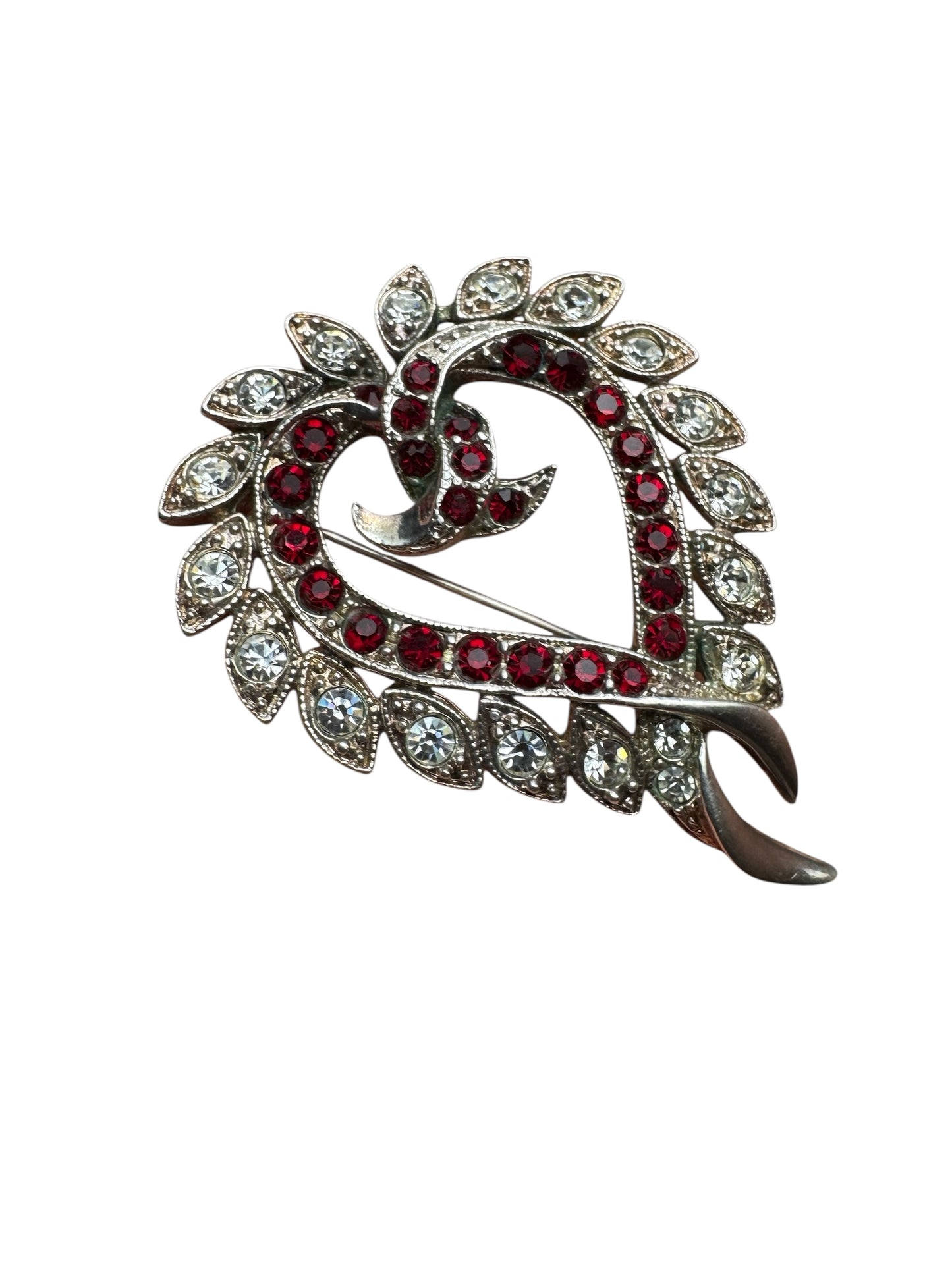 Vintage Heart Brooch Pendant – Ruby Red & Diamanté Rhinestones, Alfred Philippe Style (Unsigned Trifari)