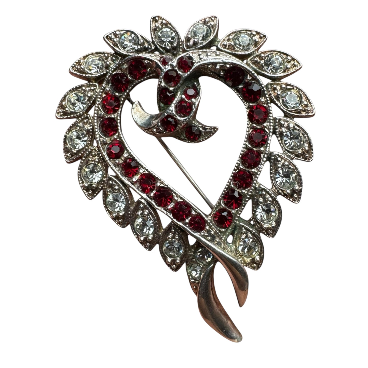 Vintage Heart Brooch Pendant – Ruby Red & Diamanté Rhinestones, Alfred Philippe Style (Unsigned Trifari)