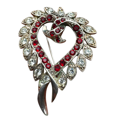 Vintage Heart Brooch Pendant – Ruby Red & Diamanté Rhinestones, Alfred Philippe Style (Unsigned Trifari)