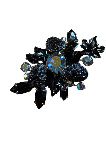 Vintage 1960s Judy Lee Maple Leaf Brooch – Mulberry Black Lava Glass & Aurora Borealis Rhinestones