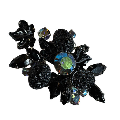 Vintage 1960s Judy Lee Maple Leaf Brooch – Mulberry Black Lava Glass & Aurora Borealis Rhinestones