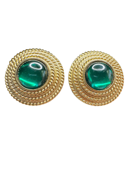 Vintage Joan Rivers Clip-On Earrings – Chunky Gold-Tone Braided Button with Green Cabochon