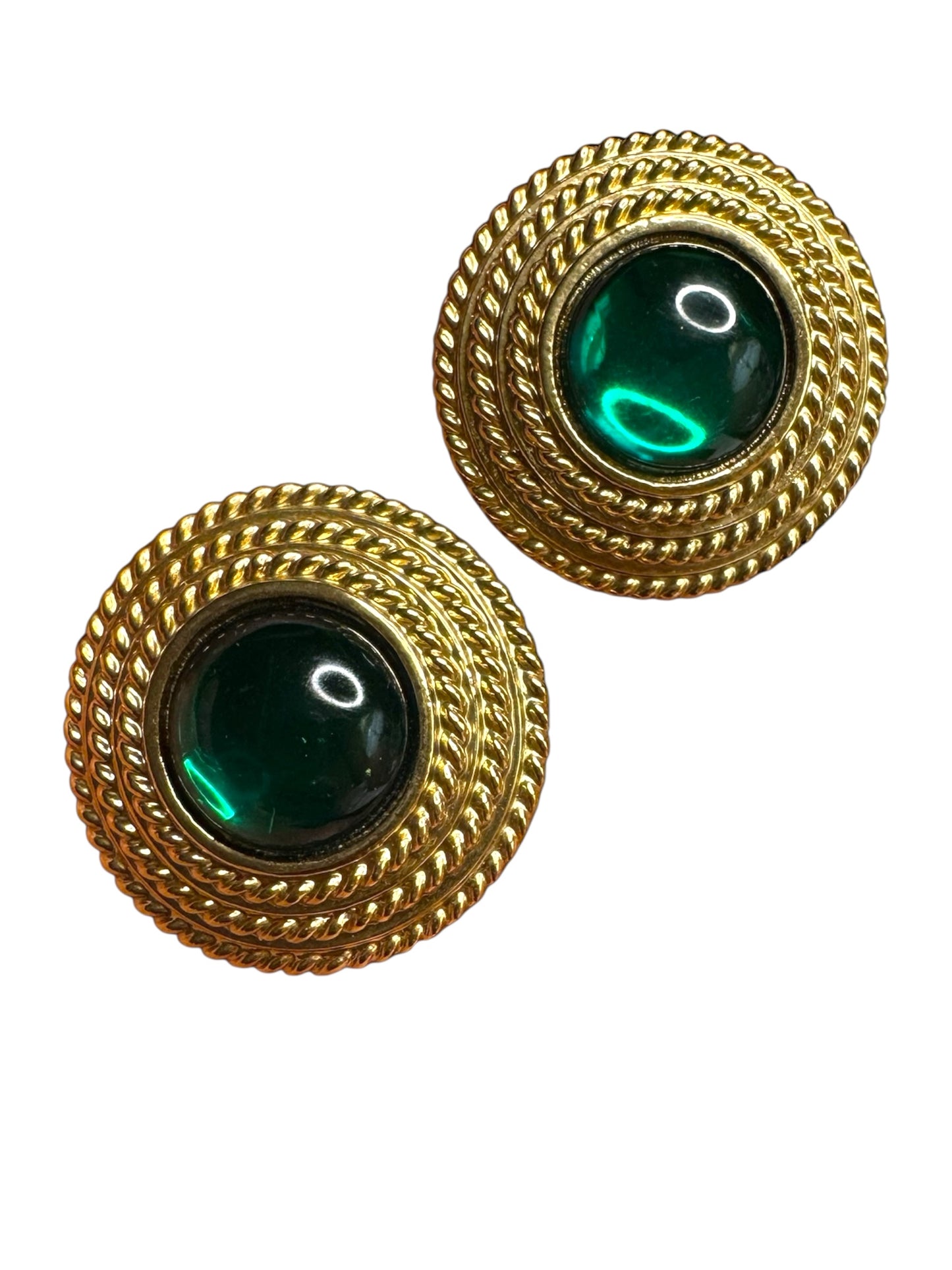 Vintage Joan Rivers Clip-On Earrings – Chunky Gold-Tone Braided Button with Green Cabochon