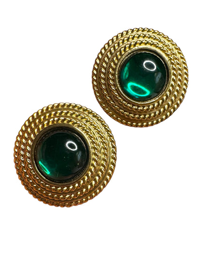 Vintage Joan Rivers Clip-On Earrings – Chunky Gold-Tone Braided Button with Green Cabochon