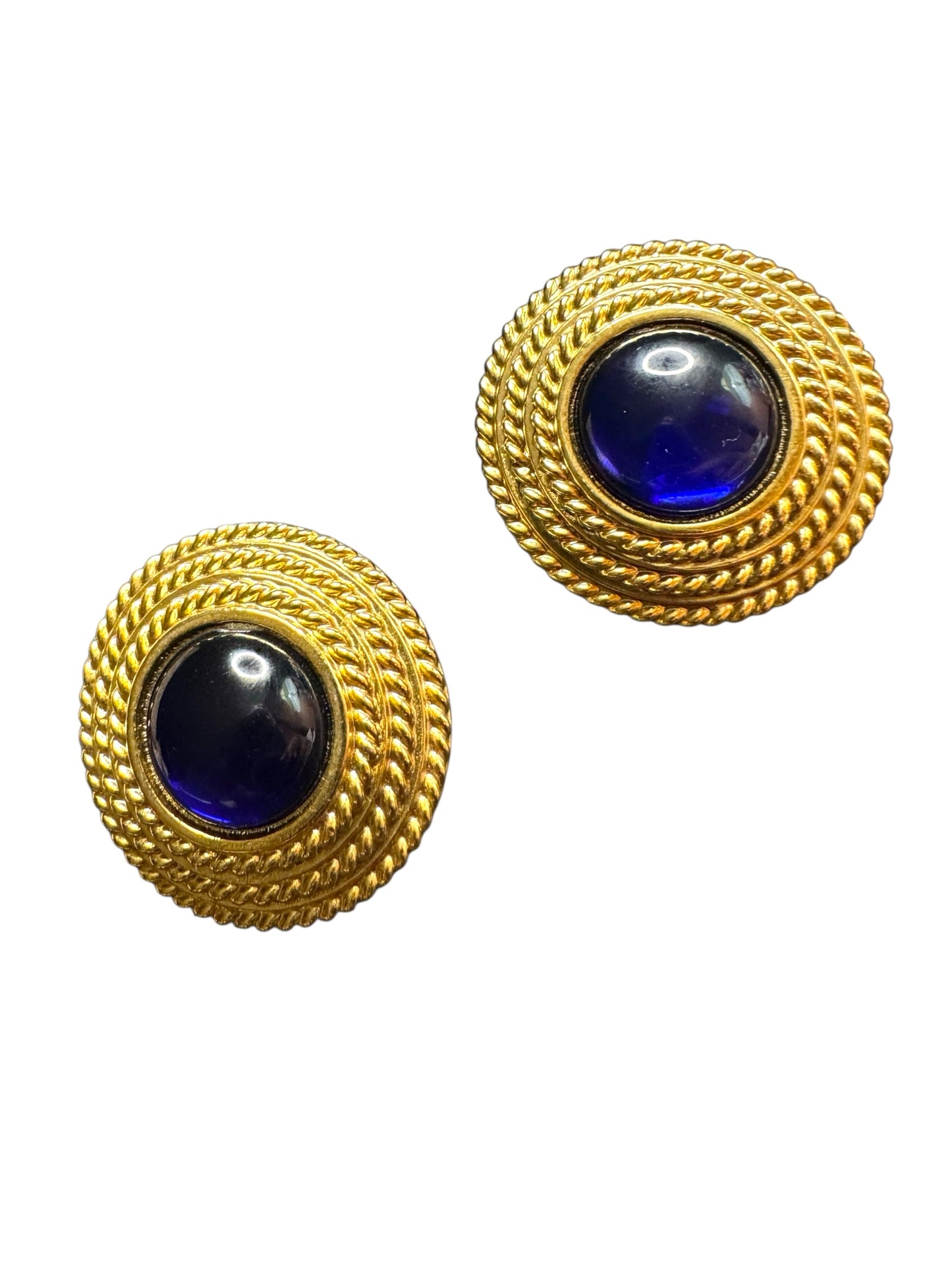 Vintage Joan Rivers Clip-On Earrings – Chunky Gold-Tone Braided Button with Cobalt Blue Cabochon