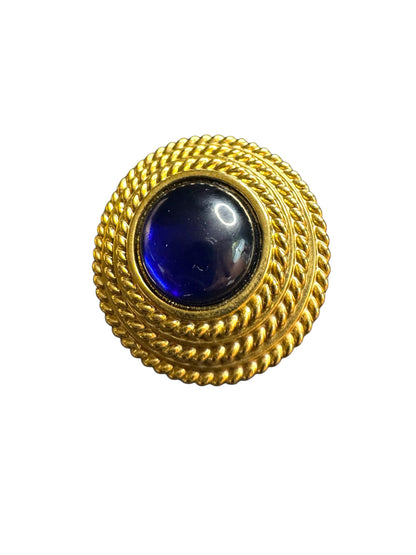 Vintage Joan Rivers Clip-On Earrings – Chunky Gold-Tone Braided Button with Cobalt Blue Cabochon