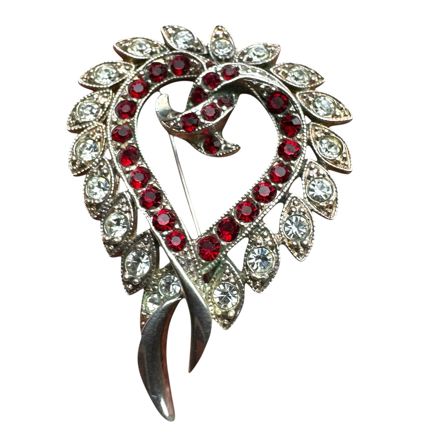 Vintage Heart Brooch Pendant – Ruby Red & Diamanté Rhinestones, Alfred Philippe Style (Unsigned Trifari)