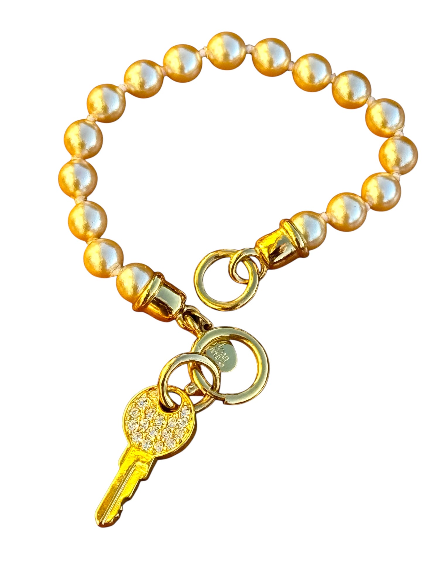 Vintage 1990s Joan Rivers Faux Pearl Charm Bracelet – Gold-Tone Rhinestone Key Pendant