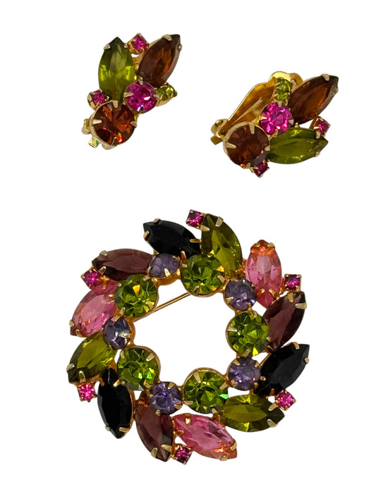 Verified Juliana Rhinestone Wreath Brooch & Earrings Set – DeLizza & Elster D&E Multicolor Vintage 1960s Statement Jewelry