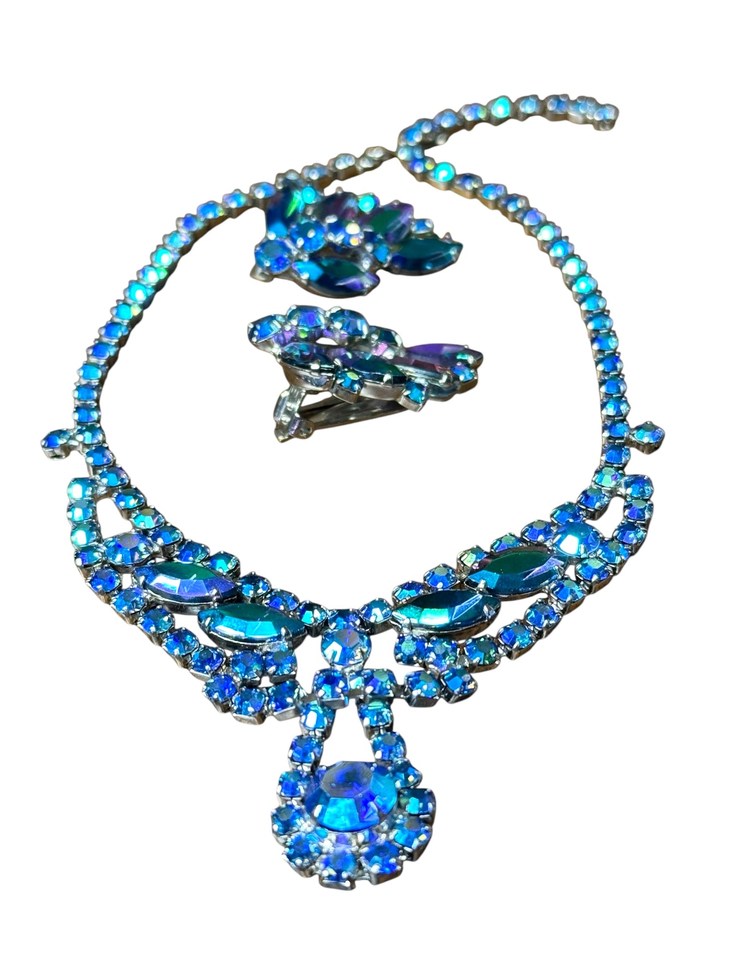 Mid-CenturyMid-Century Sapphire Blue Aurora Borealis Rhinestone Necklace & Earring Set – 1950s Runway Statement Jewelry