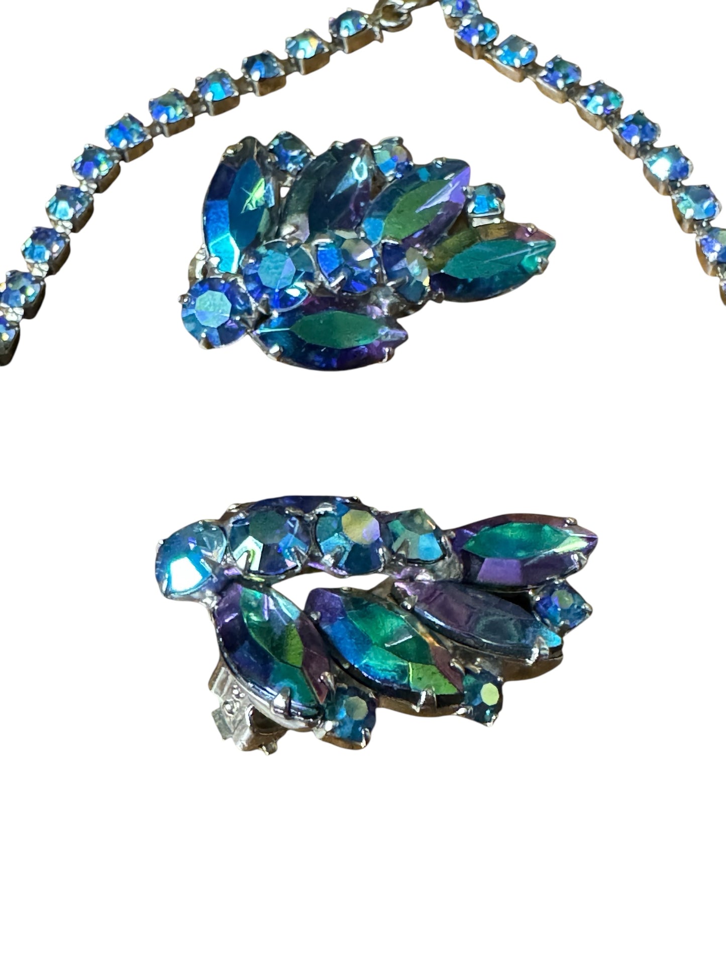 Mid-CenturyMid-Century Sapphire Blue Aurora Borealis Rhinestone Necklace & Earring Set – 1950s Runway Statement Jewelry