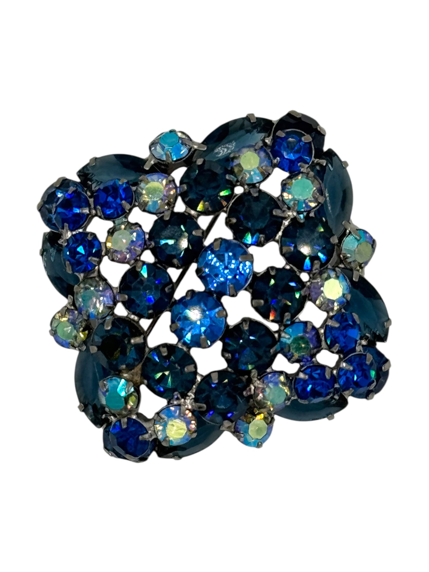 Vintage 1960s Sapphire Blue Aurora Borealis Domed Rhinestone Brooch | Layered Mid-Century Statement Jewelry