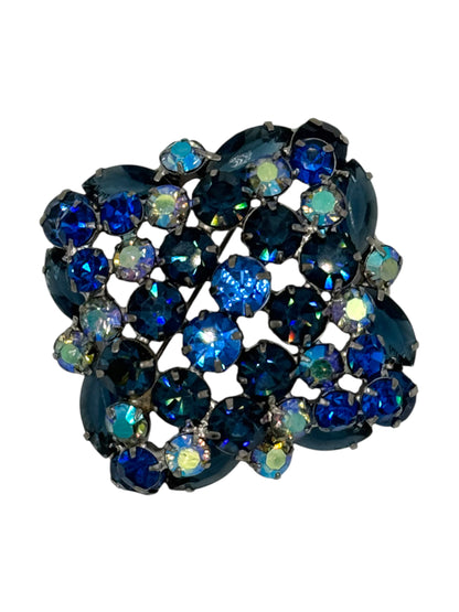 Vintage 1960s Sapphire Blue Aurora Borealis Domed Rhinestone Brooch | Layered Mid-Century Statement Jewelry