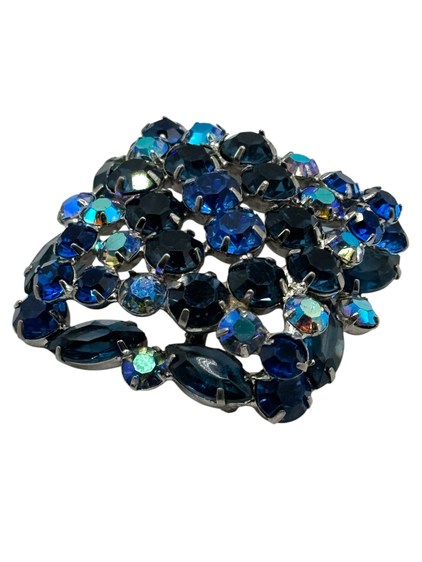 Vintage 1960s Sapphire Blue Aurora Borealis Domed Rhinestone Brooch | Layered Mid-Century Statement Jewelry