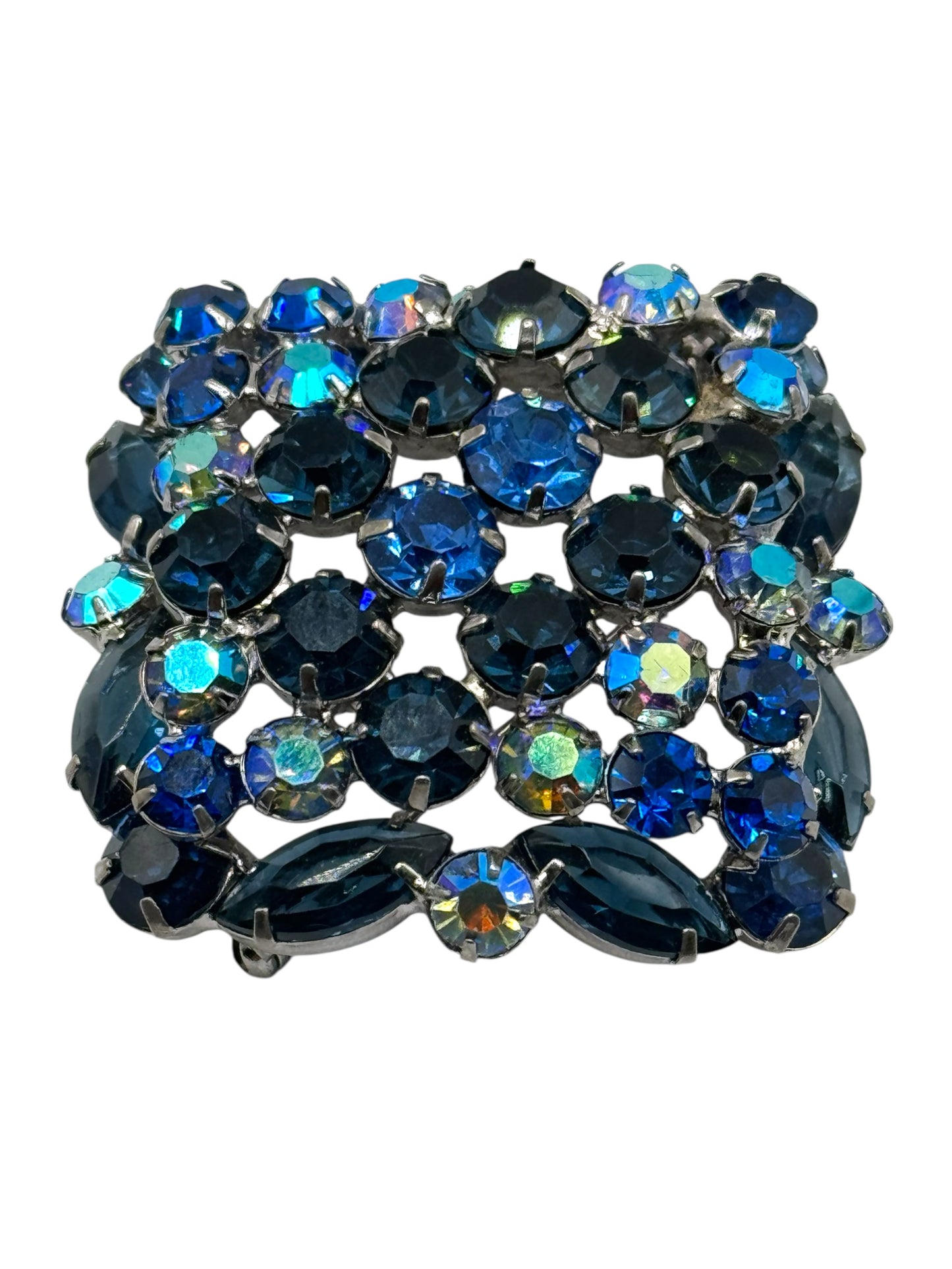 Vintage 1960s Sapphire Blue Aurora Borealis Domed Rhinestone Brooch | Layered Mid-Century Statement Jewelry