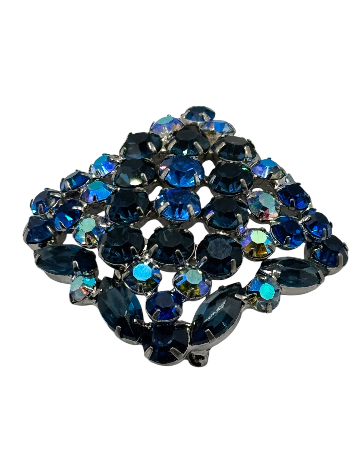 Vintage 1960s Sapphire Blue Aurora Borealis Domed Rhinestone Brooch | Layered Mid-Century Statement Jewelry