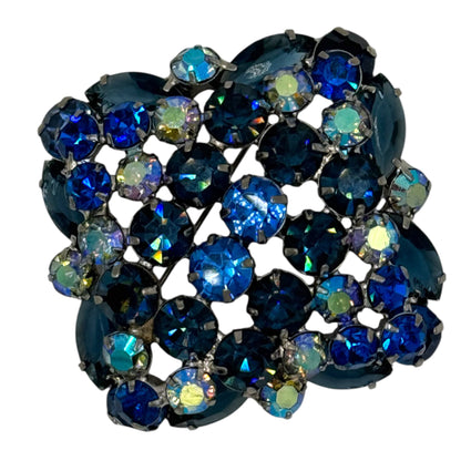 Vintage 1960s Sapphire Blue Aurora Borealis Domed Rhinestone Brooch | Layered Mid-Century Statement Jewelry